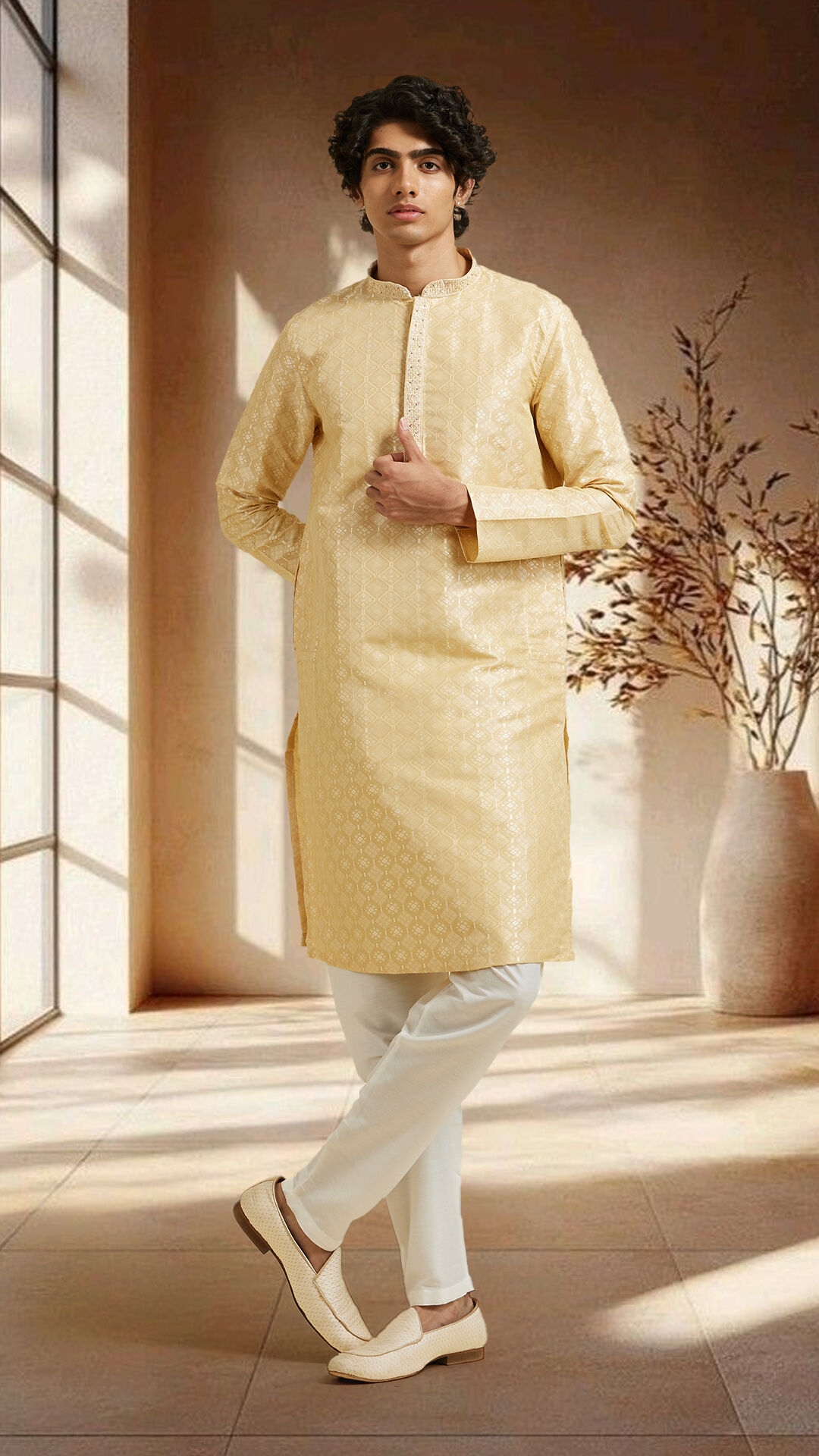 Young man in a golden silk kurta pajama set posing in a softly lit room with contemporary decor—perfect for festive or traditional occasions.